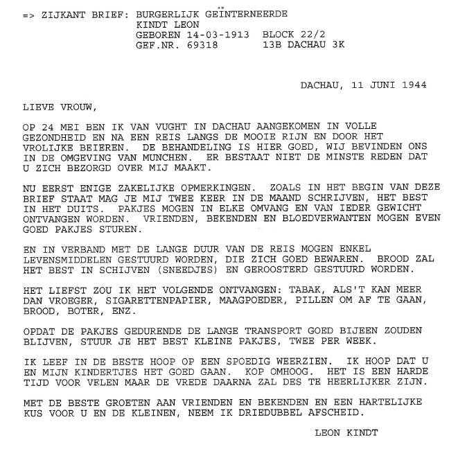 Brief Dachau 11 juni 1944
